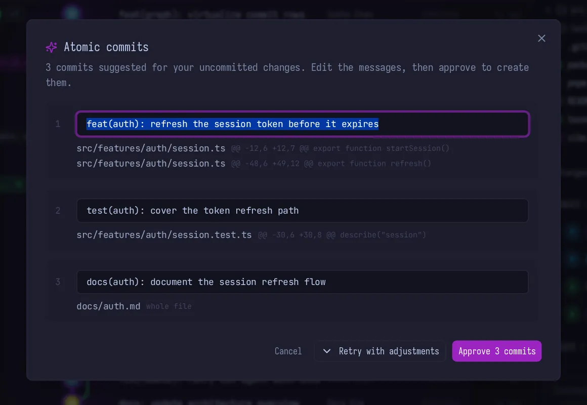 The Atomic commits dialog showing three suggested commits with editable messages and the file hunks under each.