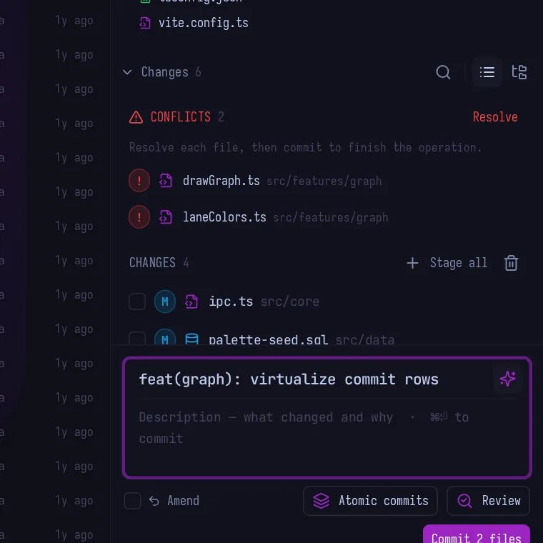 The commit summary box filled in by the AI with a conventional message.