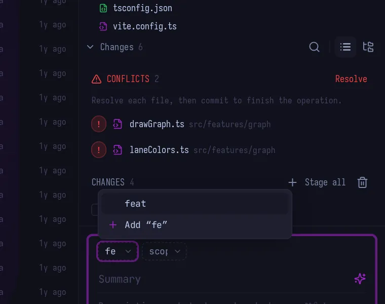 Typing fe filters the list to feat and offers to add a new value.
