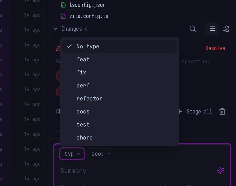 The commit box with a type dropdown open, listing feat, fix, perf, refactor, docs, test and chore.