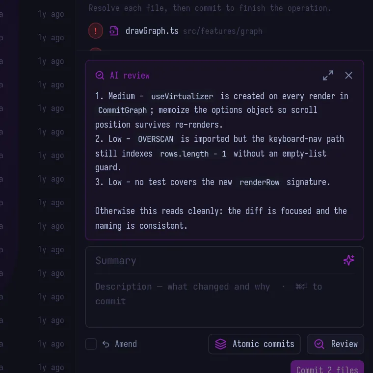 An AI review panel listing three findings by severity above the commit box.