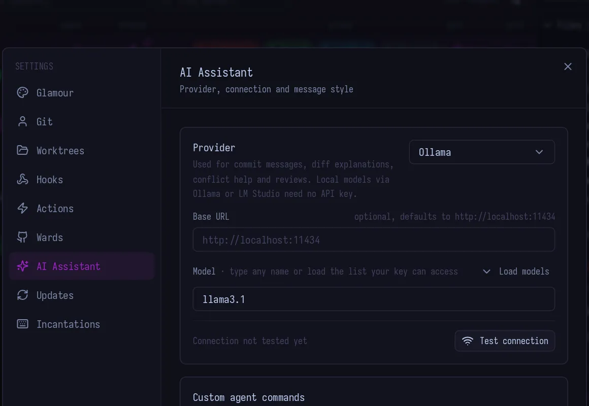 The AI Assistant settings with provider, base URL, model and a test connection button.