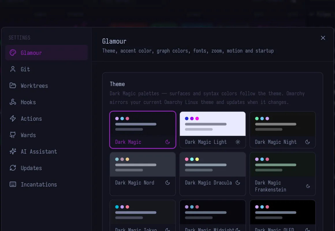 The Glamour settings with a grid of fifteen theme previews.