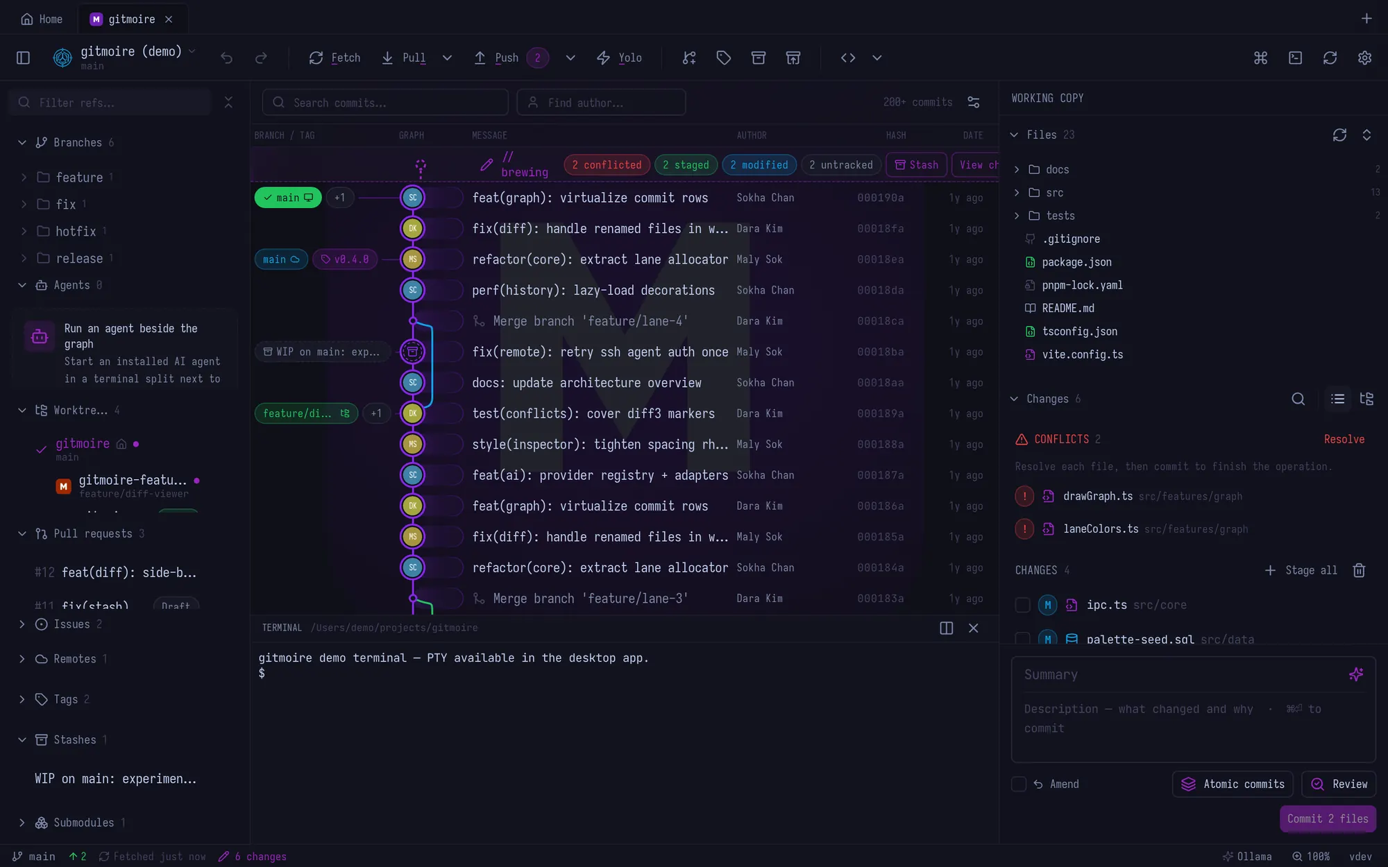 gitmoire with the terminal panel open under the commit graph