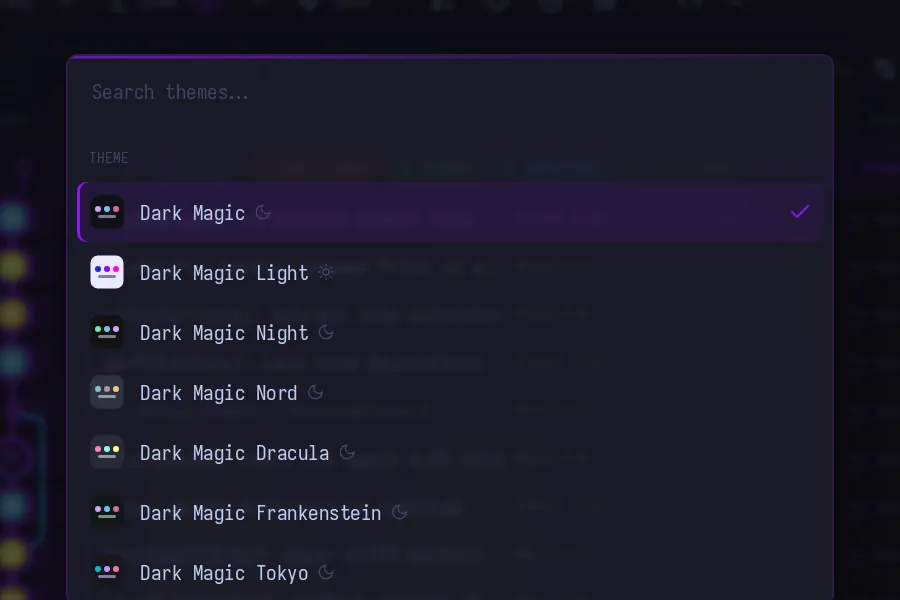 A searchable theme switcher listing all fifteen Dark Magic themes.
